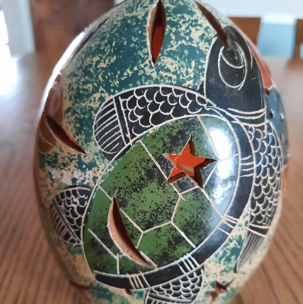 Pottery pierced candle holder turtle tribal folk art glazed terra cotta